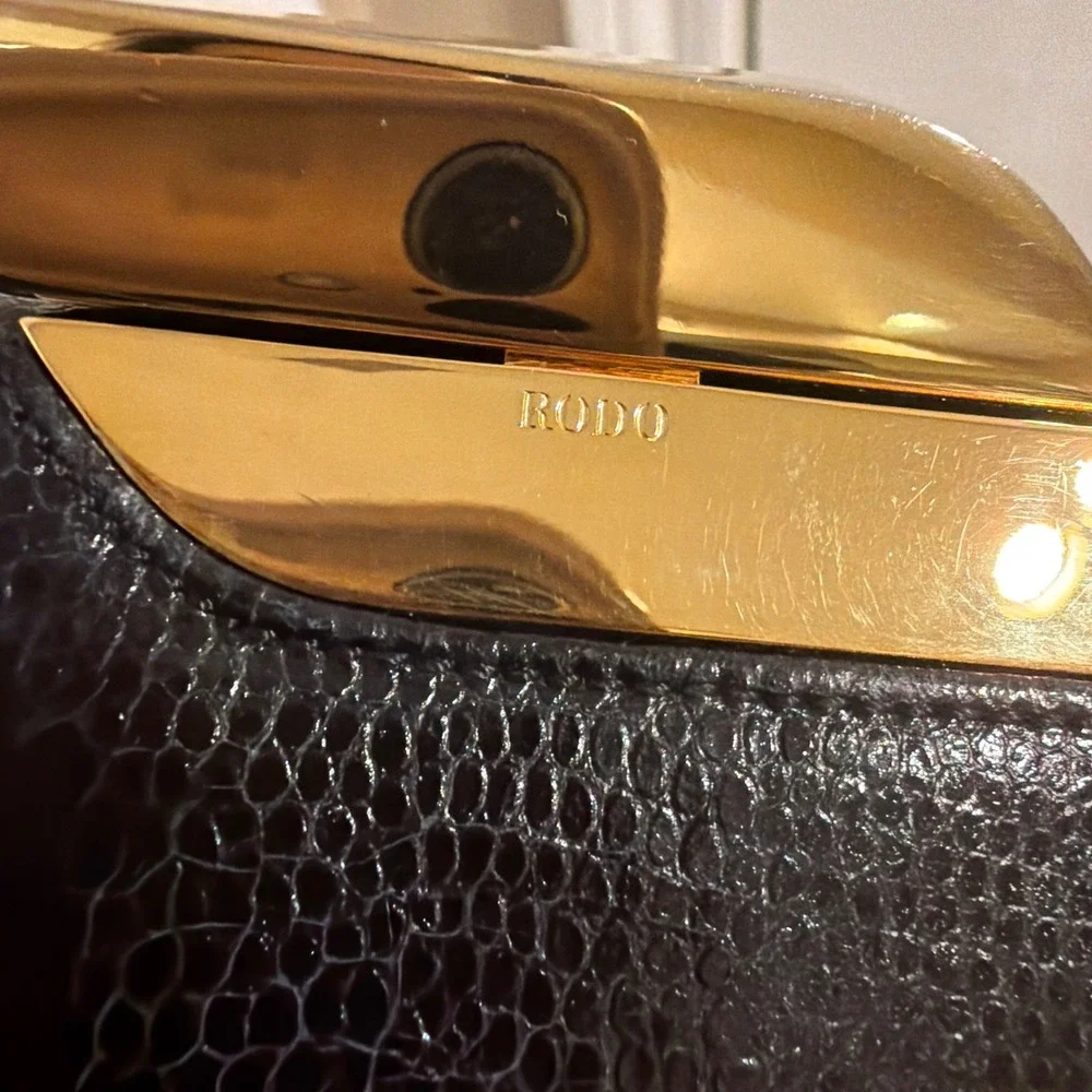 RODO Womens Lizard Embossed Leather Evening Clutch Bag Black Gold Made in Italy